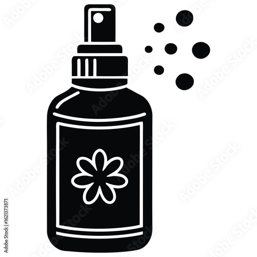 Black and white silhouette of a spray bottle with a flower design