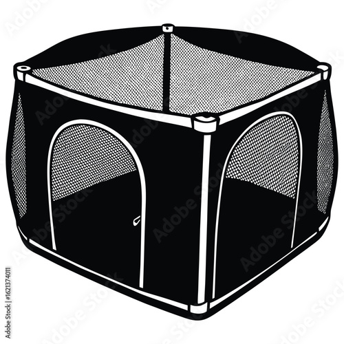 Black and white playpen with a mesh covering in cartoon style