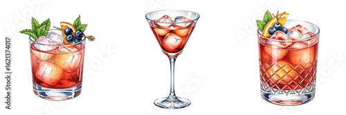 Set of three classic red cocktails illustration. Watercolor drawing of Negroni or Americano drinks with ice and garnish on a transparent background.