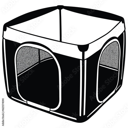 Black and White Illustration of a Portable Square Pet Playpen with Mesh