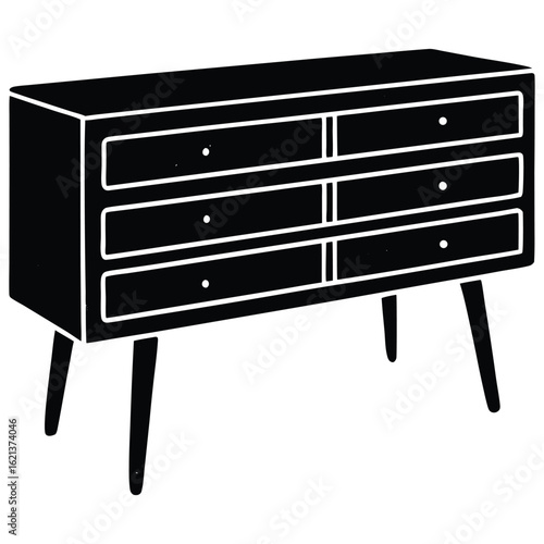 Solid Black Silhouette of a Six Drawer Mid Century Modern Dresser