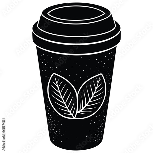 Monochromatic graphic design of a coffee cup with leaf accents and texture