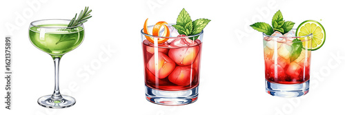 Set of three illustrated cocktails on a transparent background. Collection includes a green gin cocktail with rosemary, a red negroni with an orange twist, and a rum mojito with mint and lime.