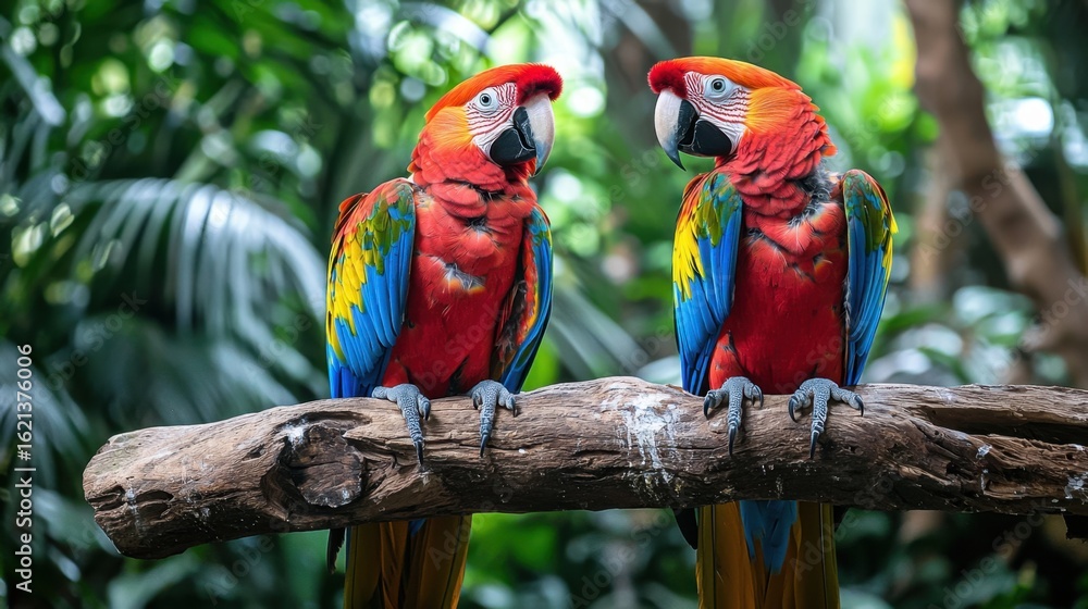 Obraz premium Colorful Scarlet Macaws Sitting on a Tree Branch in a Lush Green Tropical Forest