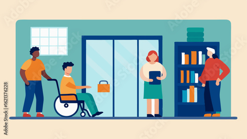 Accessible Library Entrance A library with a welcoming entrance featuring automatic doors comfortable seating areas and individuals engaging with books and technology.