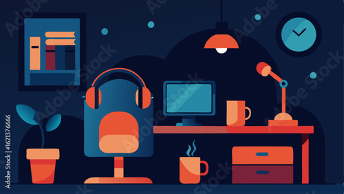 Calm Space for Focus A cozy corner in the office with soft lighting noisecanceling headphones and fidget tools. An individual with sensory sensitivities engages in deep work
