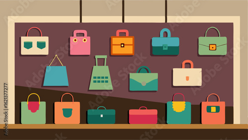 A wall display of colorful handbags and purses