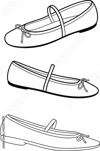 Ballet Flat Shoe Illustration, Strap and Bow Detail, Side and Top Views, Fashion Footwear Drawing, Black and White Sketch, Vector Design Art