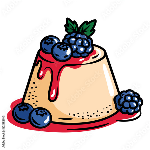 Appetizing panna cotta dessert with berries and fruit sauce, baked sweet treat in outline food art, ideal for pastry, bakery, and dessert illustrations