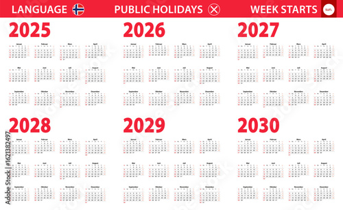 2025-2030 year calendar in Norwegian language, week starts from Sunday.