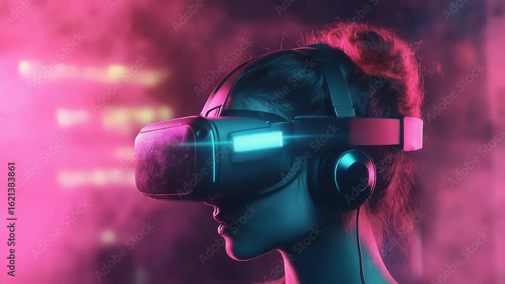 Woman wearing vr headset exploring metaverse in futuristic neon lights and smoke Woman wearing vr headset exploring metaverse in futuristic neon lights and smoke