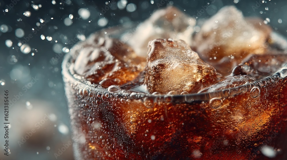 Obraz premium Refreshing Cold Beverage: Close-up of Fizzy Drink with Ice Cubes and Bubbles