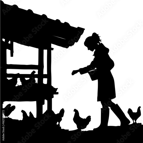Silhouette of a farmer feeding chickens near a traditional chicken coop