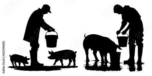 Silhouettes of farmers feeding pigs with buckets on muddy ground