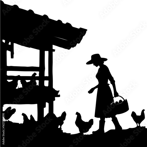
Silhouette of a farmer collecting eggs in a chicken coop with a basket of eggs symbolizing farm life and productivity