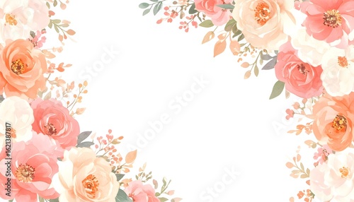 Fototapeta Naklejka Na Ścianę i Meble -  Sunset Pink and Apricot Floral Corners. Abstract watercolor background frame