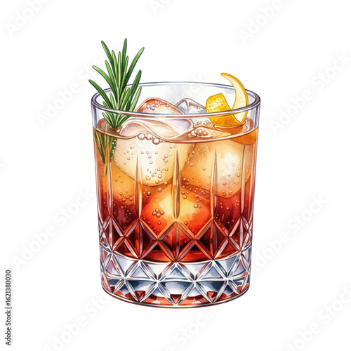 Watercolor illustration of a classic cocktail. A glass of whiskey on the rocks with a rosemary sprig and orange peel twist garnish, isolated on a transparent background.