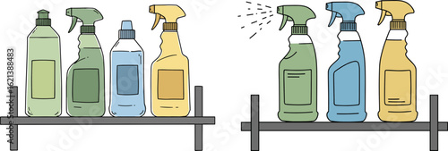Cleaning products displayed on shelf in hand-drawn style  