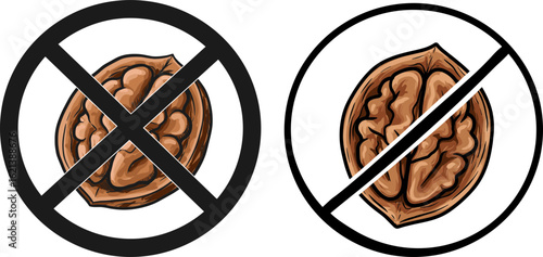 Hand-drawn style illustration of crossed-out walnut icon and nut  