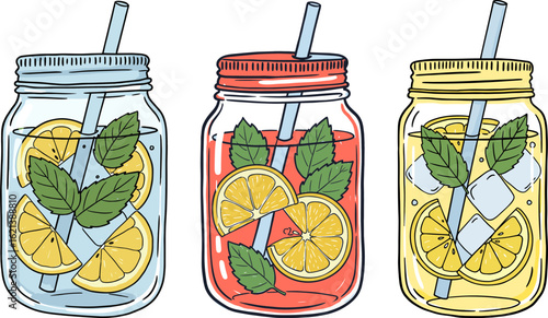 Colorful hand-drawn lemonade jars with mint and lemon slices  