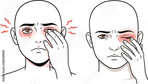 Boy touching his eye with signs of discomfort in a hand-drawn style  