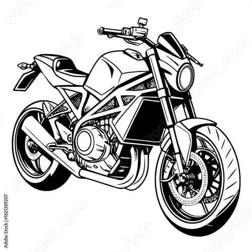 A clean, monochrome digital illustration of a concept motorcycle, rendered in sharp lines and graphic shapes. The three-quarter perspective emphasizes the futuristic bodywork and streamlined form, wit