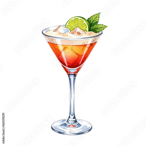 Refreshing orange cocktail in a martini glass with lime and mint garnish. Watercolor illustration isolated on a transparent background.