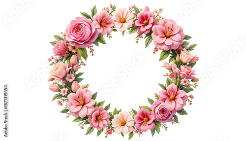 Beautiful Pink Floral Wreath on White Background 1.