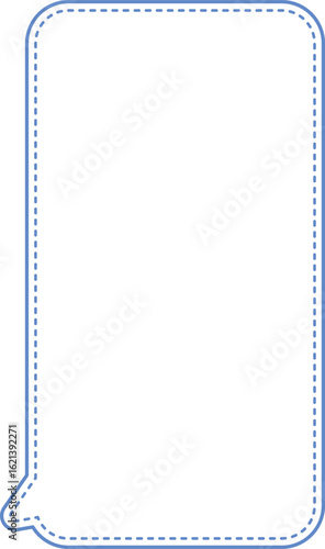 This image displays a vertical speech bubble with rounded corners. The border of the speech bubble is light blue and features a dashed line pattern. The interior of the bubble is solid white.