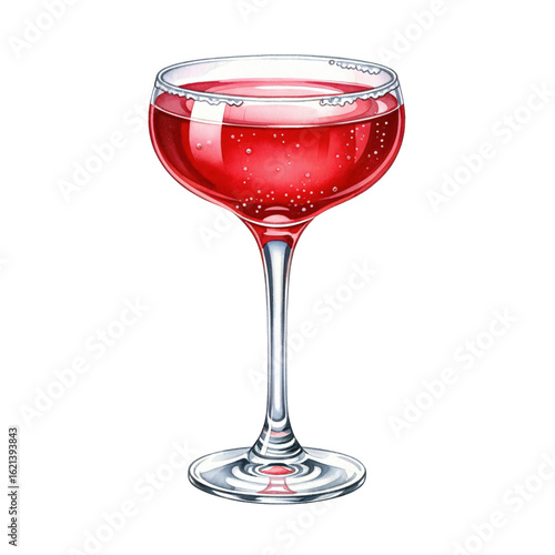 Watercolor illustration of a red sparkling cocktail in a coupe glass. Elegant alcoholic beverage isolated on a transparent background.