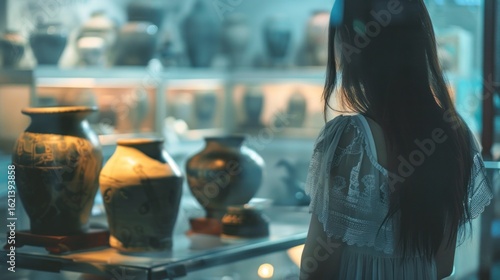 Woman looking at antique pottery display