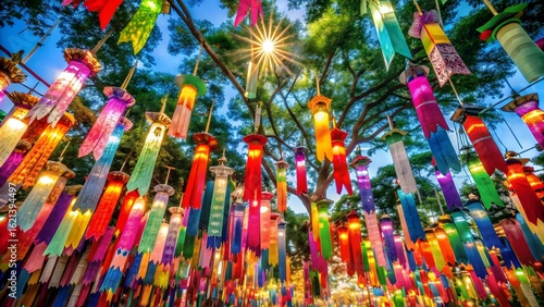 Wallpaper Mural A vibrant display of colorful traditional lanterns hanging from trees at night during a festival, creating a magical and festive atmosphere Torontodigital.ca