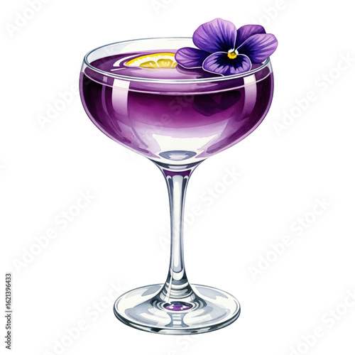 Purple Aviation cocktail illustration in a coupe glass. Watercolor style drink garnished with a violet flower and lemon slice on a transparent background.