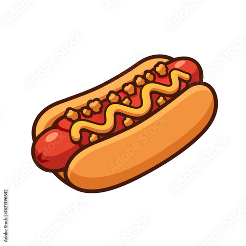 Colorful cartoon hot dog with ketchup and mustard on a bun isolated on white background