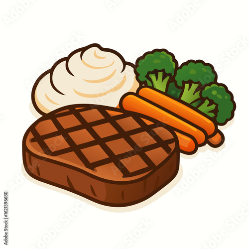 Steak with grilled pattern served with mashed potatoes broccoli and carrot