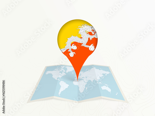 Bhutan Map Pin with National Flag on Open World Map.