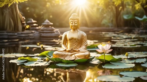 Serene Buddha statue amidst lotus flowers floating in a serene pond illuminated by sunlight. 4k videos