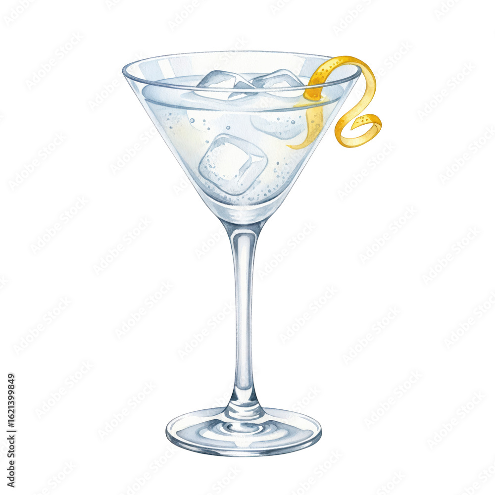Classic cocktail in a martini glass with ice cubes and a lemon peel garnish. Watercolor illustration of a refreshing alcoholic beverage on a transparent background.