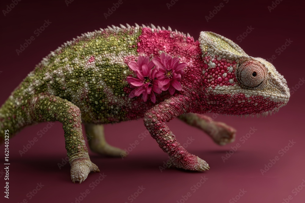 Obraz premium Colorful Chameleon with Flowers on a Burgundy Background