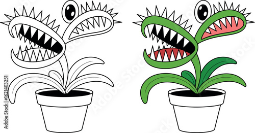 Illustration of a cartoon venus flytrap plant in a pot, one colored and one in black and white