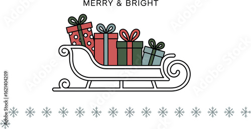 Illustration of christmas sleigh carrying four colorful gifts with snowflakes and merry and bright text