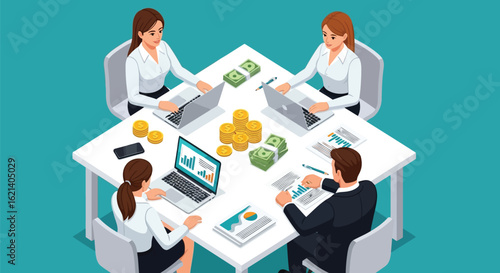 Vector illustration of business team meeting around table with computers and financial data