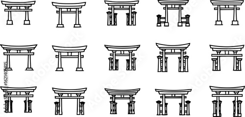 Black Line Torii Gate Icons Set including Flat Japanese Shrine Architecture Spiritual and Cultural Symbol Collection with Minimal Torii Icon Group for UI Web Heritage and Tradition Design Projects