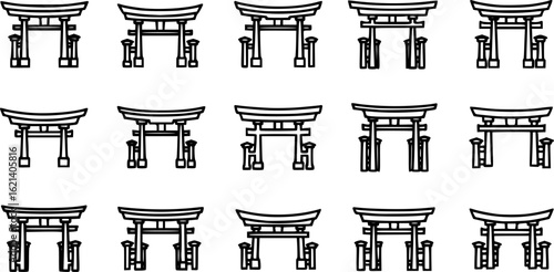 Black Line Torii Gate Icons Set including Flat Japanese Shrine Architecture Spiritual and Cultural Symbol Collection with Minimal Torii Icon Group for UI Web Heritage and Tradition Design Projects