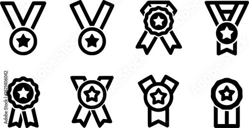 Black Line Star Medal Ribbon Icons Set including Flat Award Honor Badge and Achievement Symbol Collection with Minimal Medal Icon Group for UI Web Competition Sport and Victory Design Projects