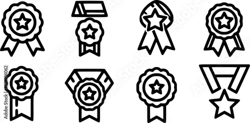 Black Line Star Medal Ribbon Icons Set including Flat Award Honor Badge and Achievement Symbol Collection with Minimal Medal Icon Group for UI Web Competition Sport and Victory Design Projects