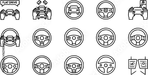 Black Line Steering Wheel Icons Set including Flat Car Drive Control Vehicle and Automotive Symbol Collection with Minimal Steering Icon Group for UI Web Transport Navigation and Driving