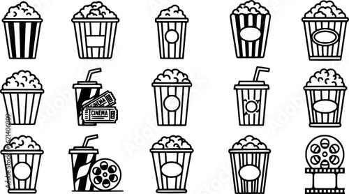 Black Line Popcorn Bucket Icons Set including Flat Snack Cinema Food and Movie Symbol Collection with Minimal Popcorn Icon Group for UI Web Entertainment Theater and Festival 