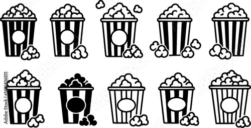 Black Line Popcorn Bucket Icons Set including Flat Snack Cinema Food and Movie Symbol Collection with Minimal Popcorn Icon Group for UI Web Entertainment Theater and Festival 