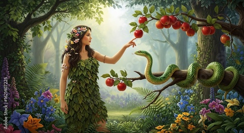Eve Reaches for Forbidden Apple as Serpent Coils on Branch in Lush Garden